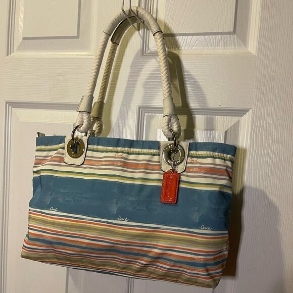 Coach  Fabric  Nautical Striped pastel Multicolor shoulder bag leather straps - Picture 1 of 13